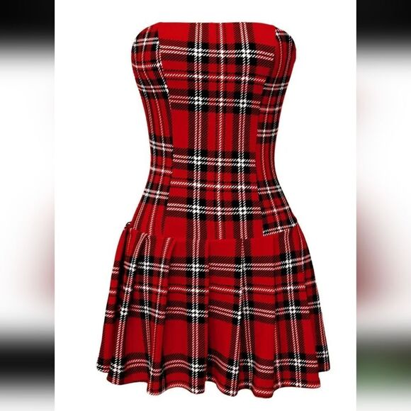 🎁3/$30🎁 Little Red Plaid Pleat Dress Cosplay Dress-Up Sexy Bamdeau Mini - Picture 4 of 8
